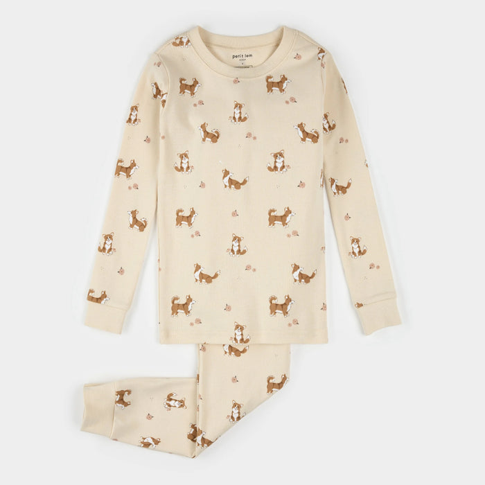 Petit Lem Corgi Print on Antique White PJ Set