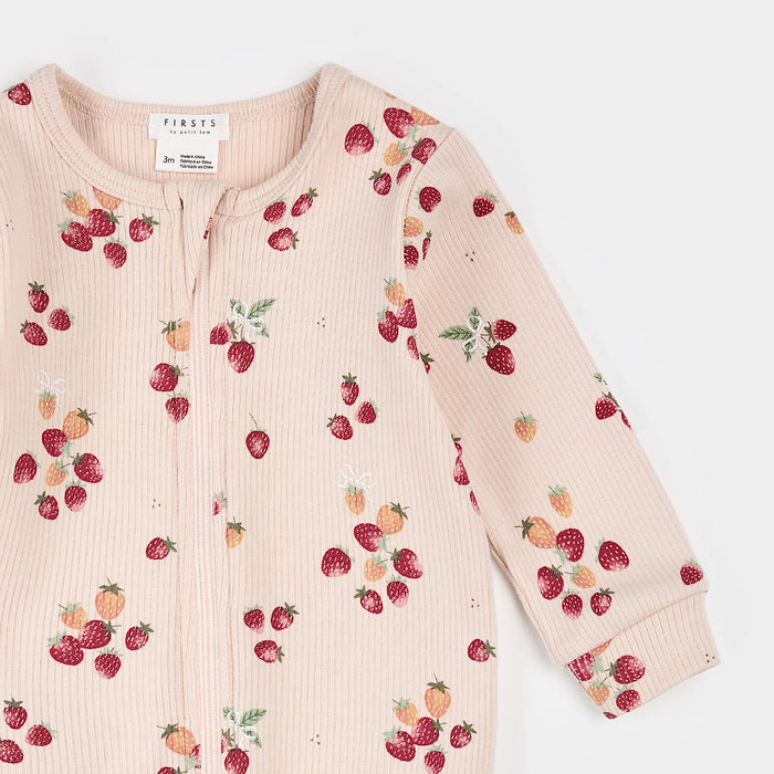 Petit Lem Strawberry Print on Soft Pink Ribbed Sleeper