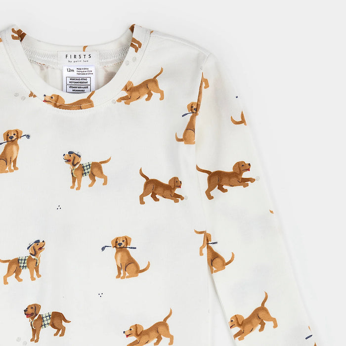 Petit Lem Golf Pups on Off-White PJ Set