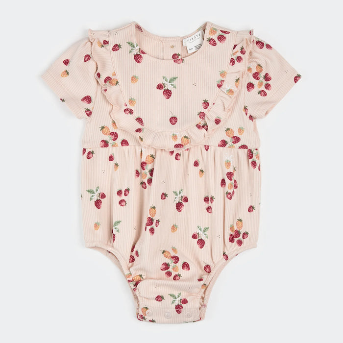 Petit Lem Strawberry Print on Soft Pink Ribbed Bubble Romper