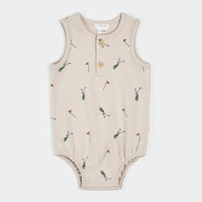 Petit Lem Golf Caddy Print on Sand Ribbed Bubble Romper
