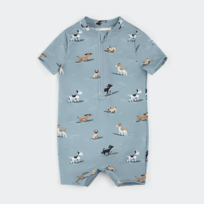 Petit Lem Surfing Pups Print on Blue Swim Romper