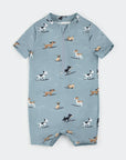 Surfing Pups Print on Blue Swim Romper
