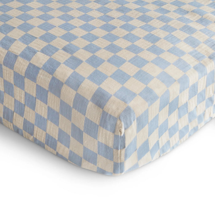 Mushie Extra Soft Muslin Crib Sheet | Blue Check