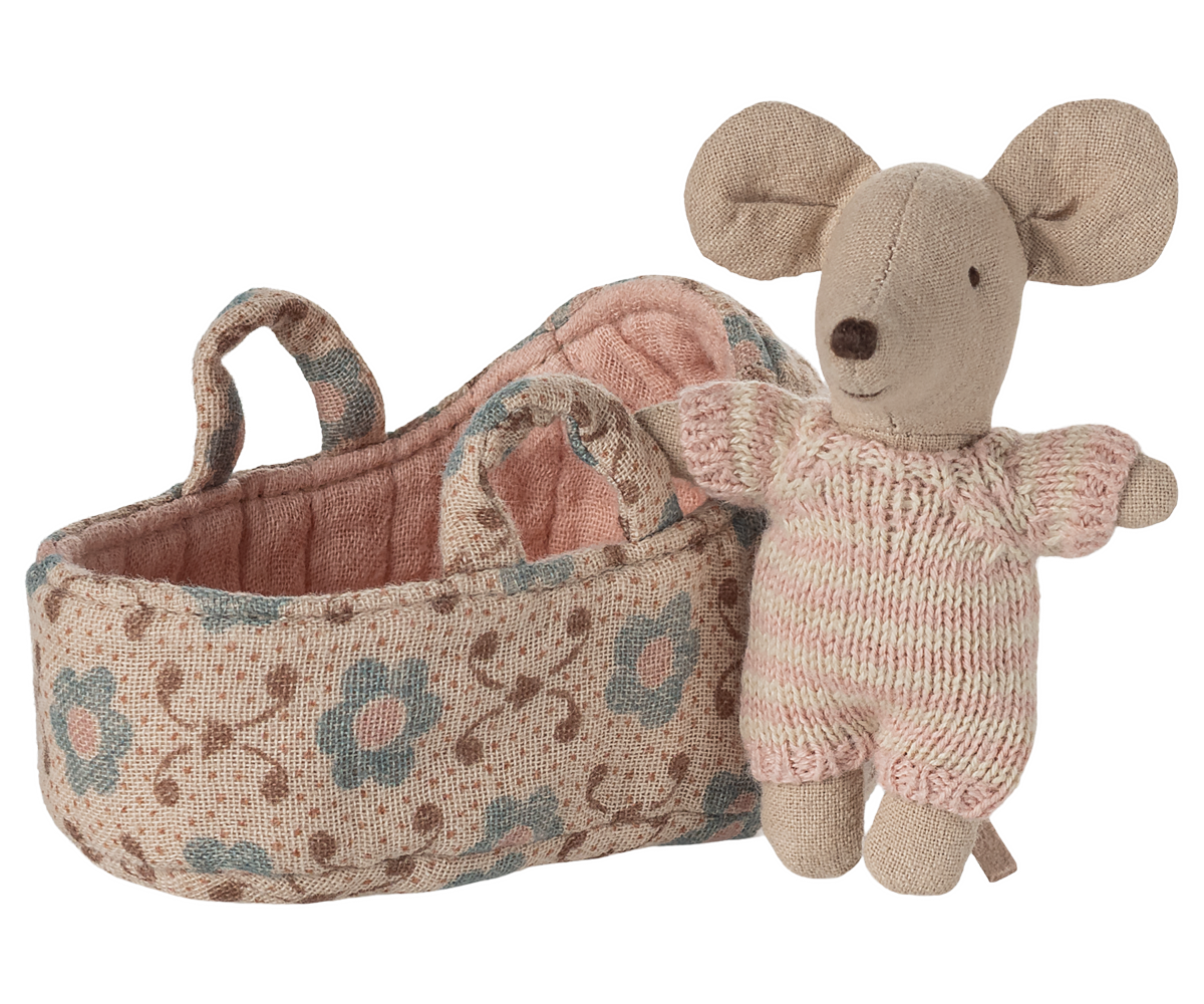 Maileg Baby Mouse in Carry Cot | Rose