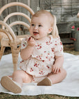 Strawberry Print on Soft Pink Ribbed Bubble Romper