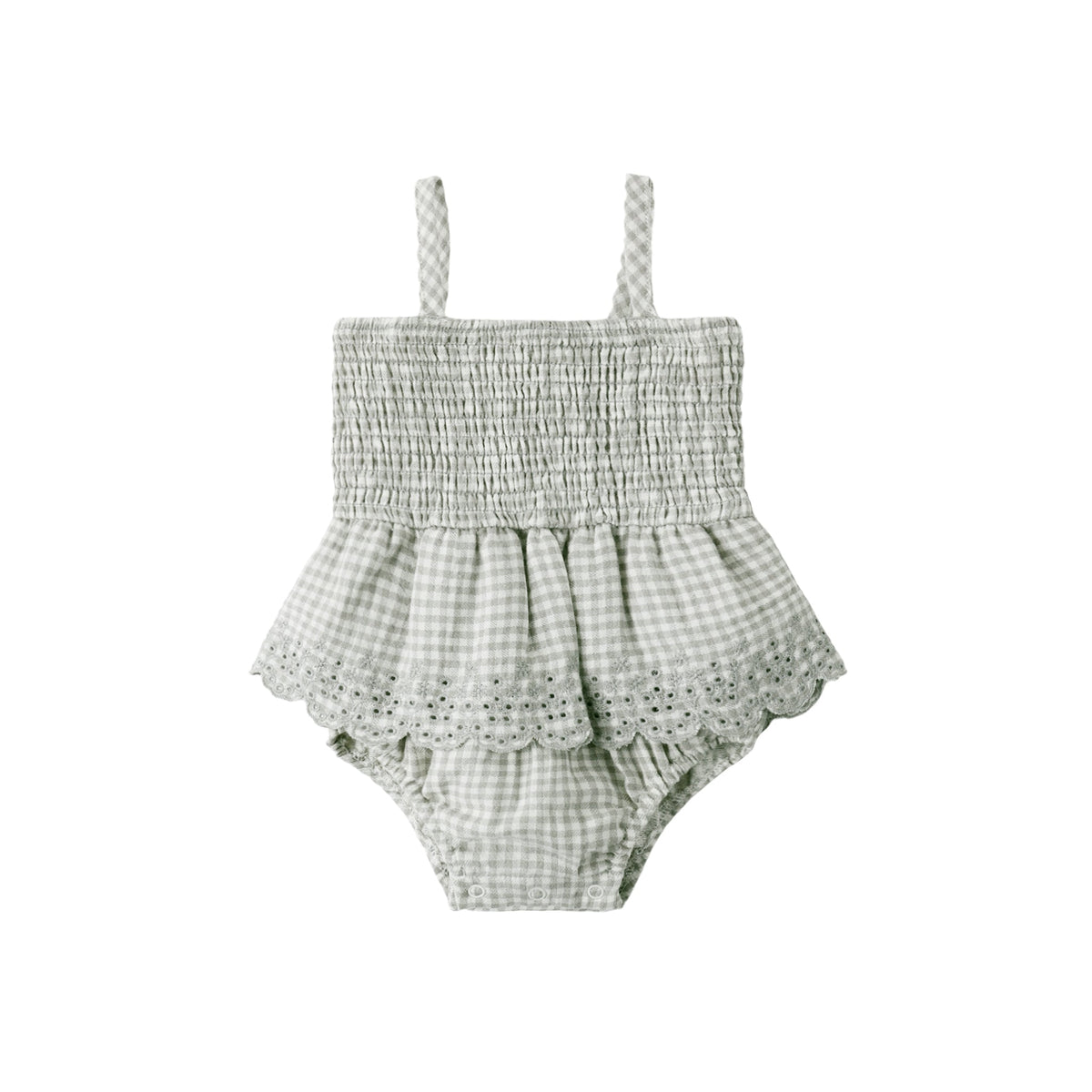 Quincy Mae Smocked Skirted Romper | Sage Gingham (3-6M)