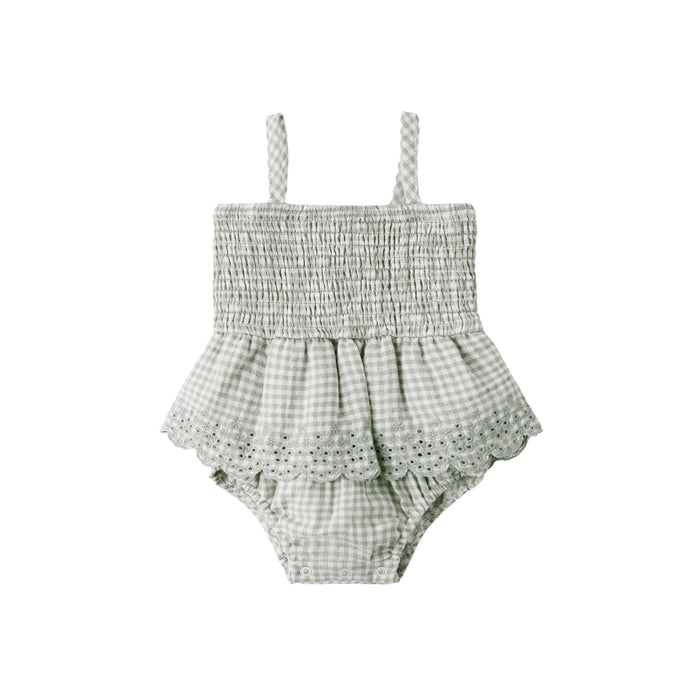 Quincy Mae Smocked Skirted Romper | Sage Gingham (3-6M)