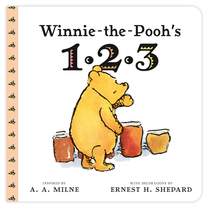 Winnie the Pooh's 1, 2, 3 board book cover, Pooh standing beside honey pots