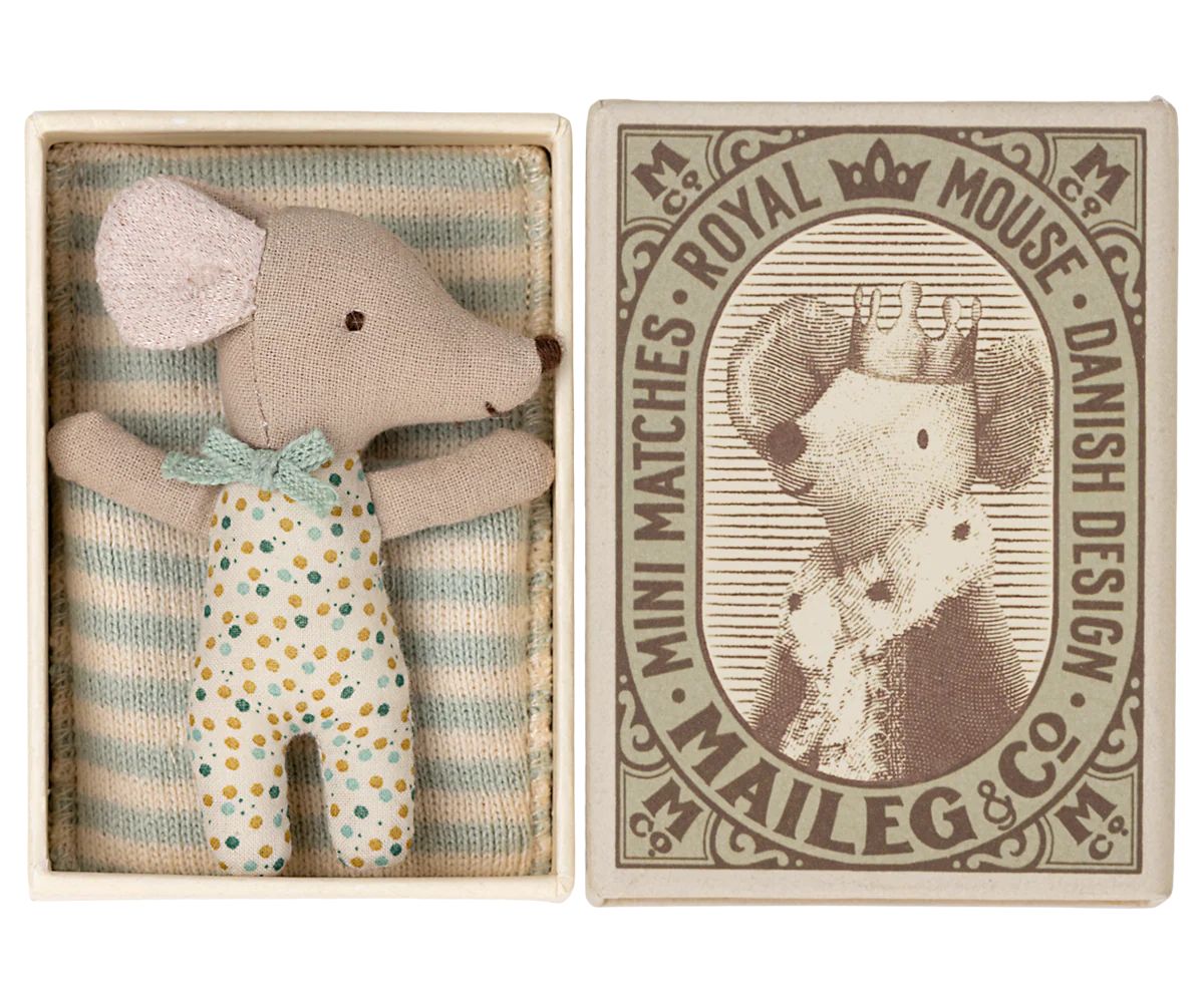 Maileg Sleepy/Wakey Baby Mouse in Matchbox | Blue