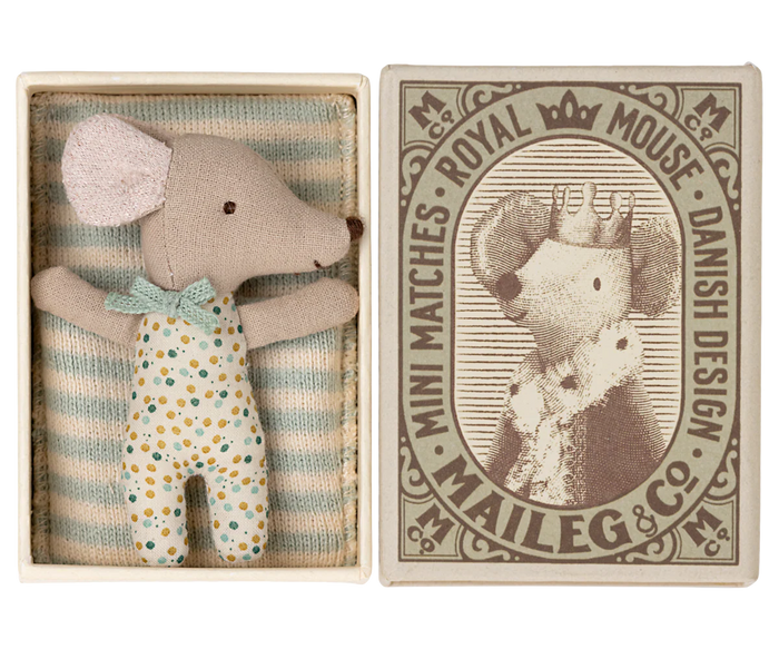 Maileg Sleepy/Wakey Baby Mouse in Matchbox | Blue