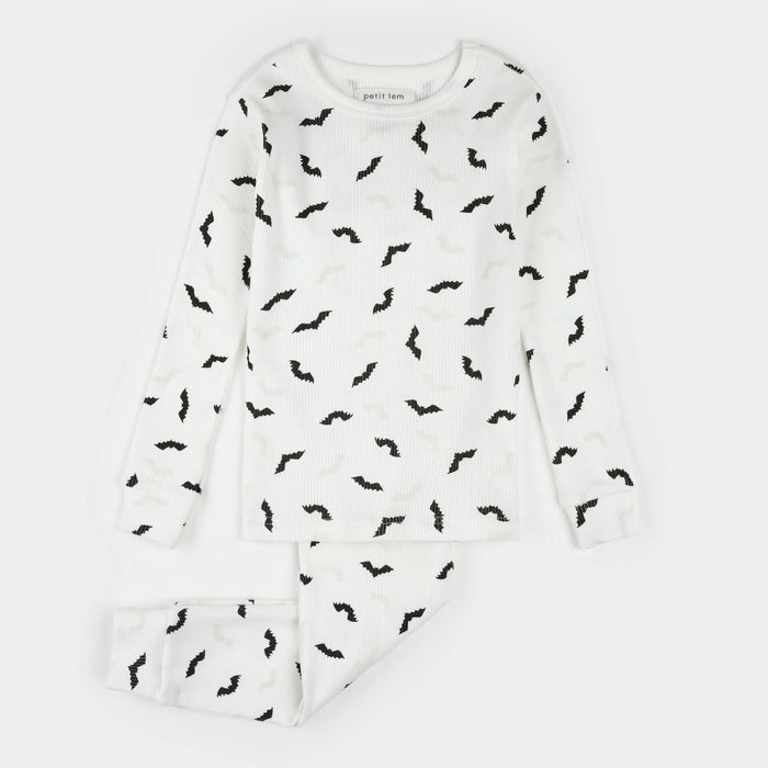 Petit Lem Bats Glow in the Dark Print on Off-White PJ Set
