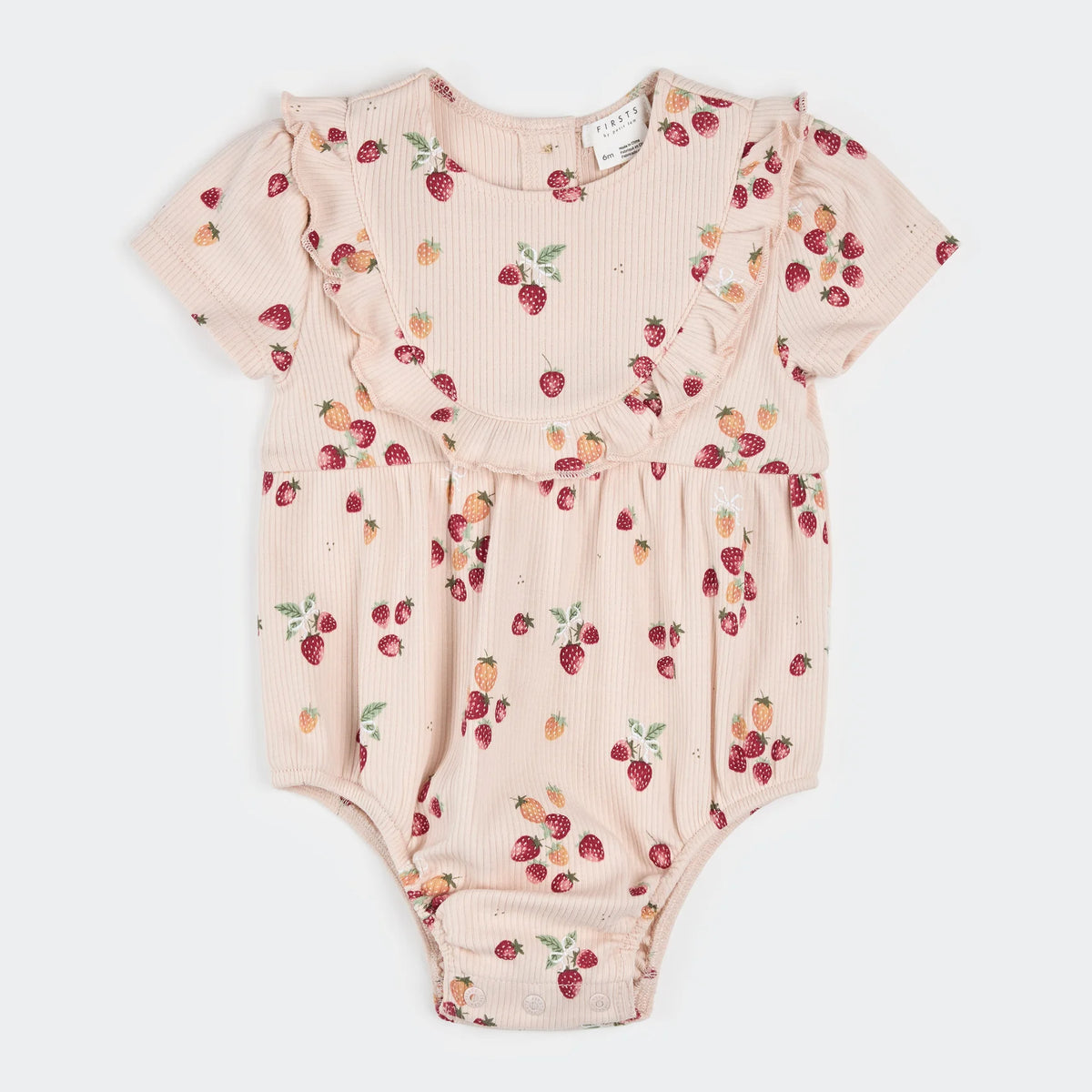 Petit Lem Strawberry Print on Soft Pink Ribbed Bubble Romper