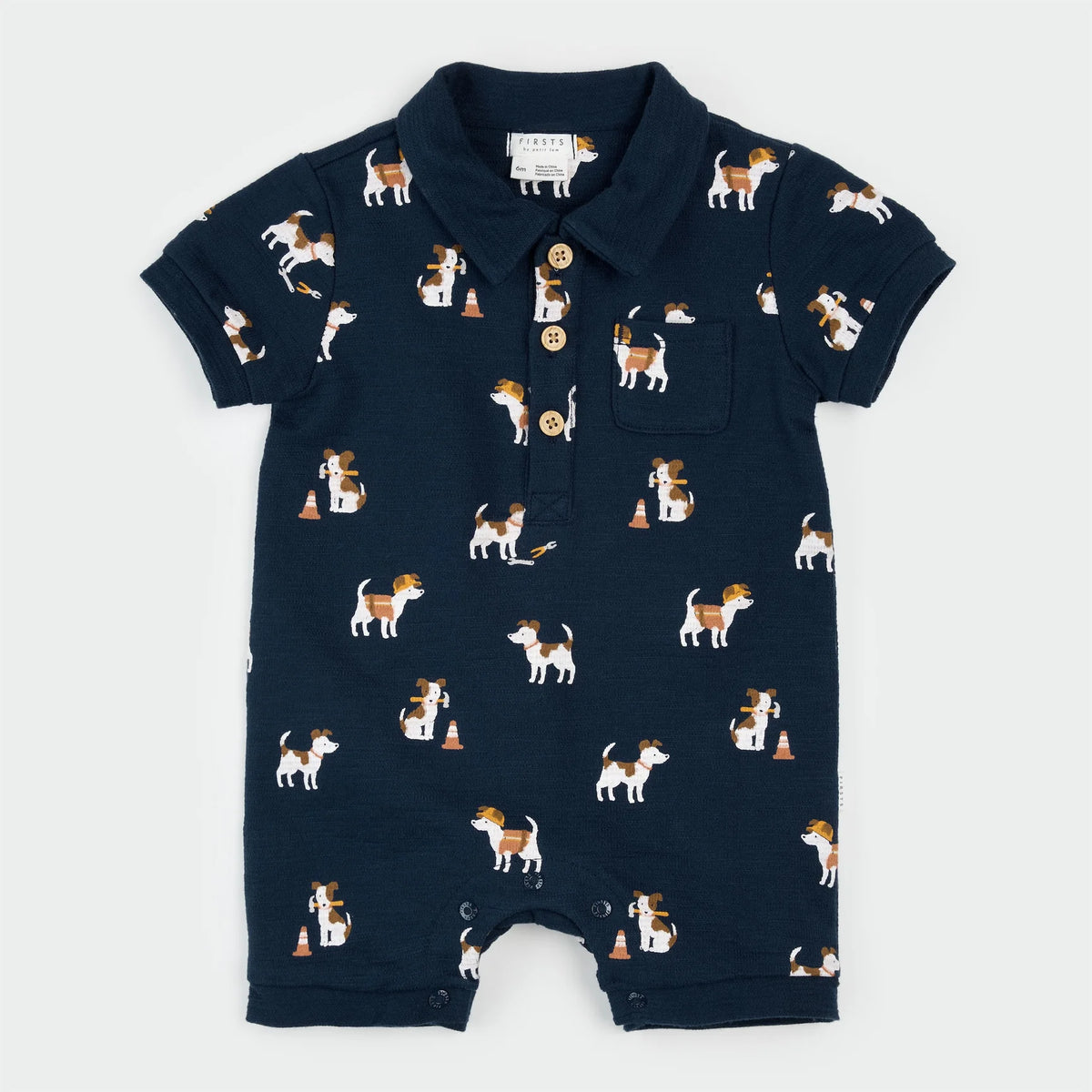 Petit Lem Pups at Work on Blue Romper