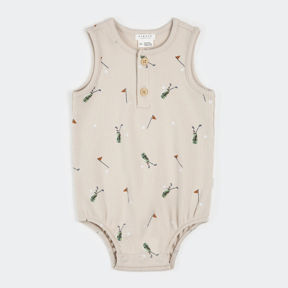 Petit Lem Golf Caddy Print on Sand Ribbed Bubble Romper