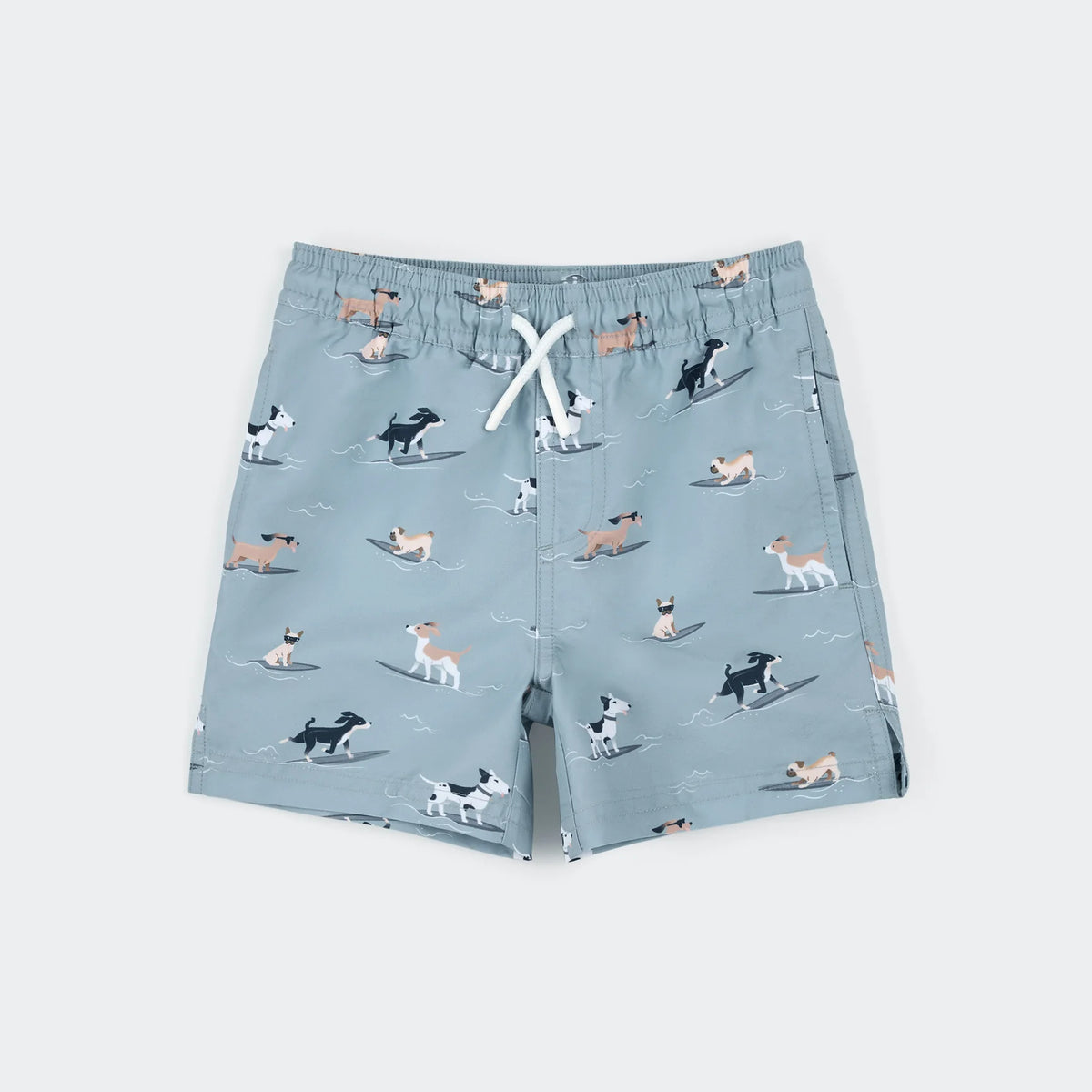 Petit Lem Surfing Pups Print on Blue Swim Trunks