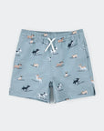 Surfing Pups Print on Blue Swim Trunks