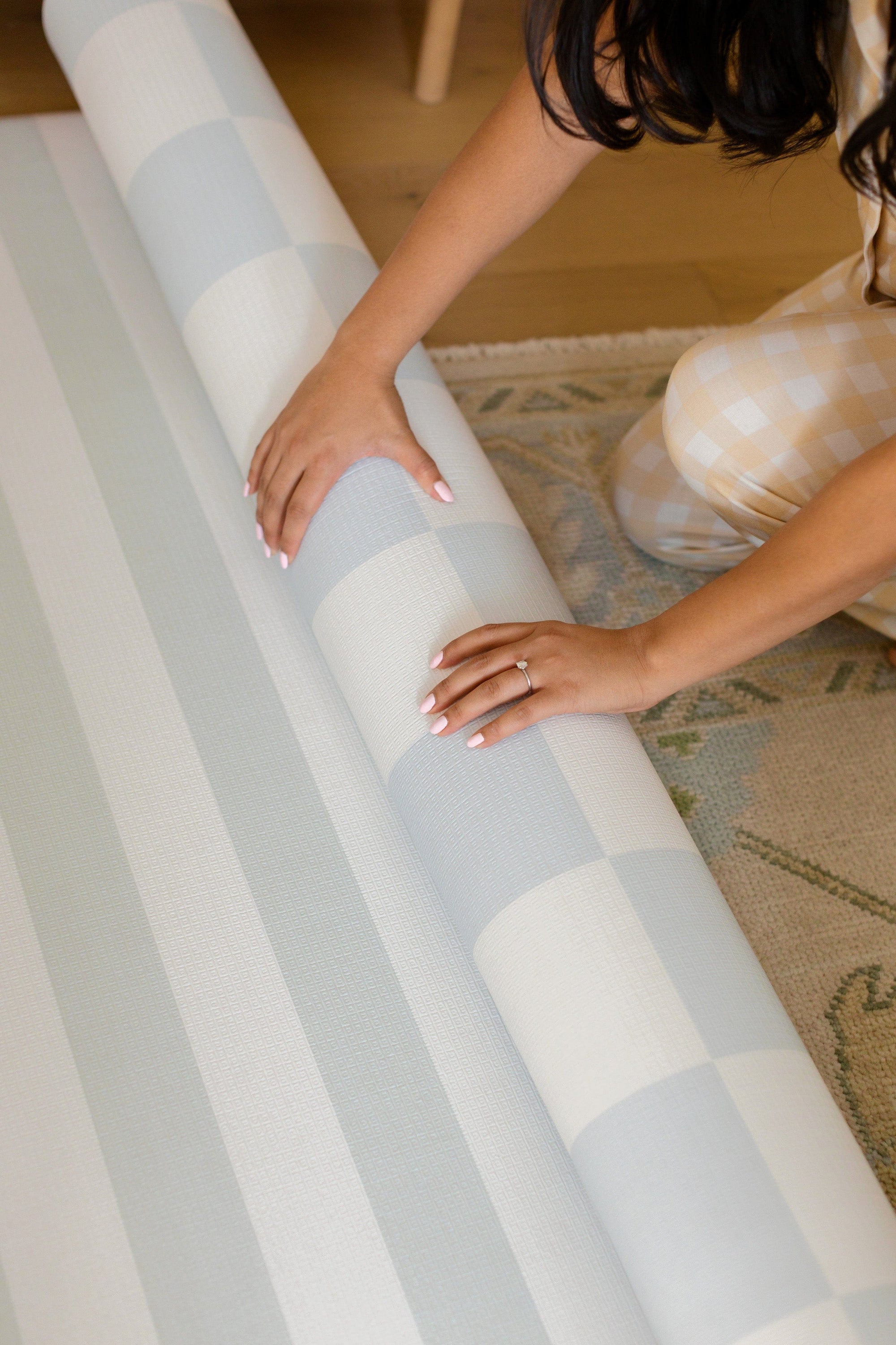 Padded Play Mat | Blue Checker &amp; Sage Stripe