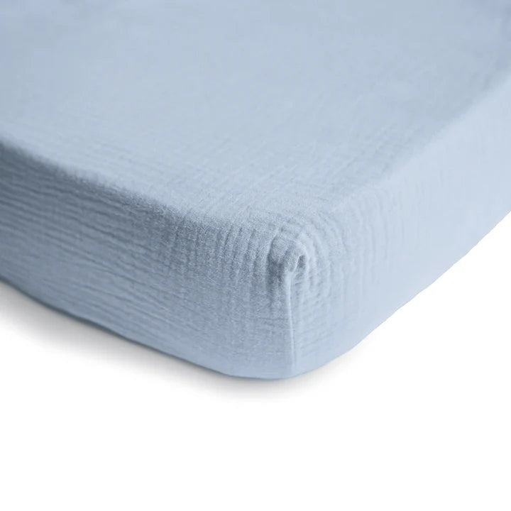 Mushie Extra Soft Muslin Crib Sheet | Baby Blue