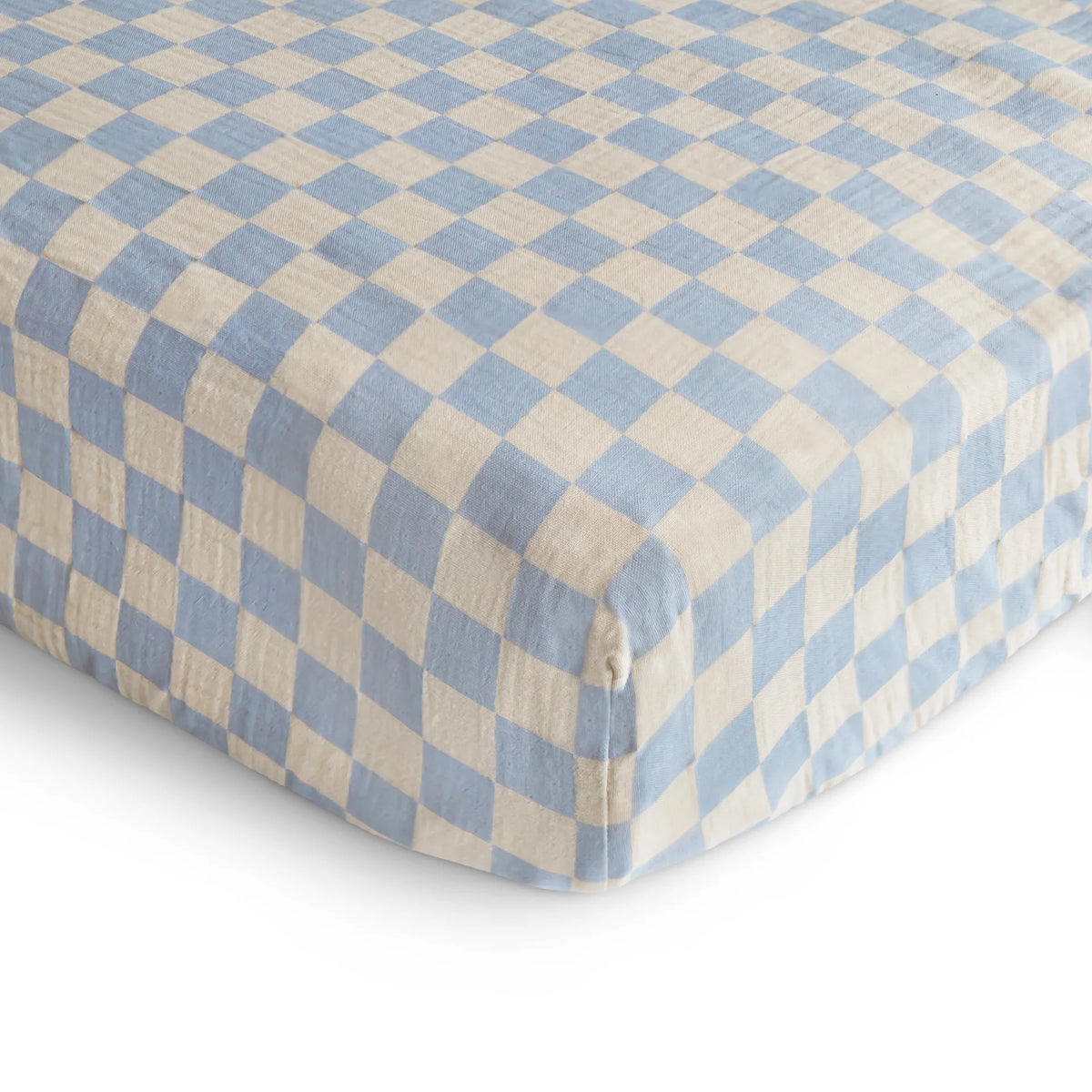 Mushie Extra Soft Muslin Crib Sheet | Blue Check