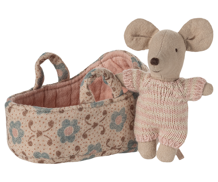 Maileg Baby Mouse in Carry Cot | Rose