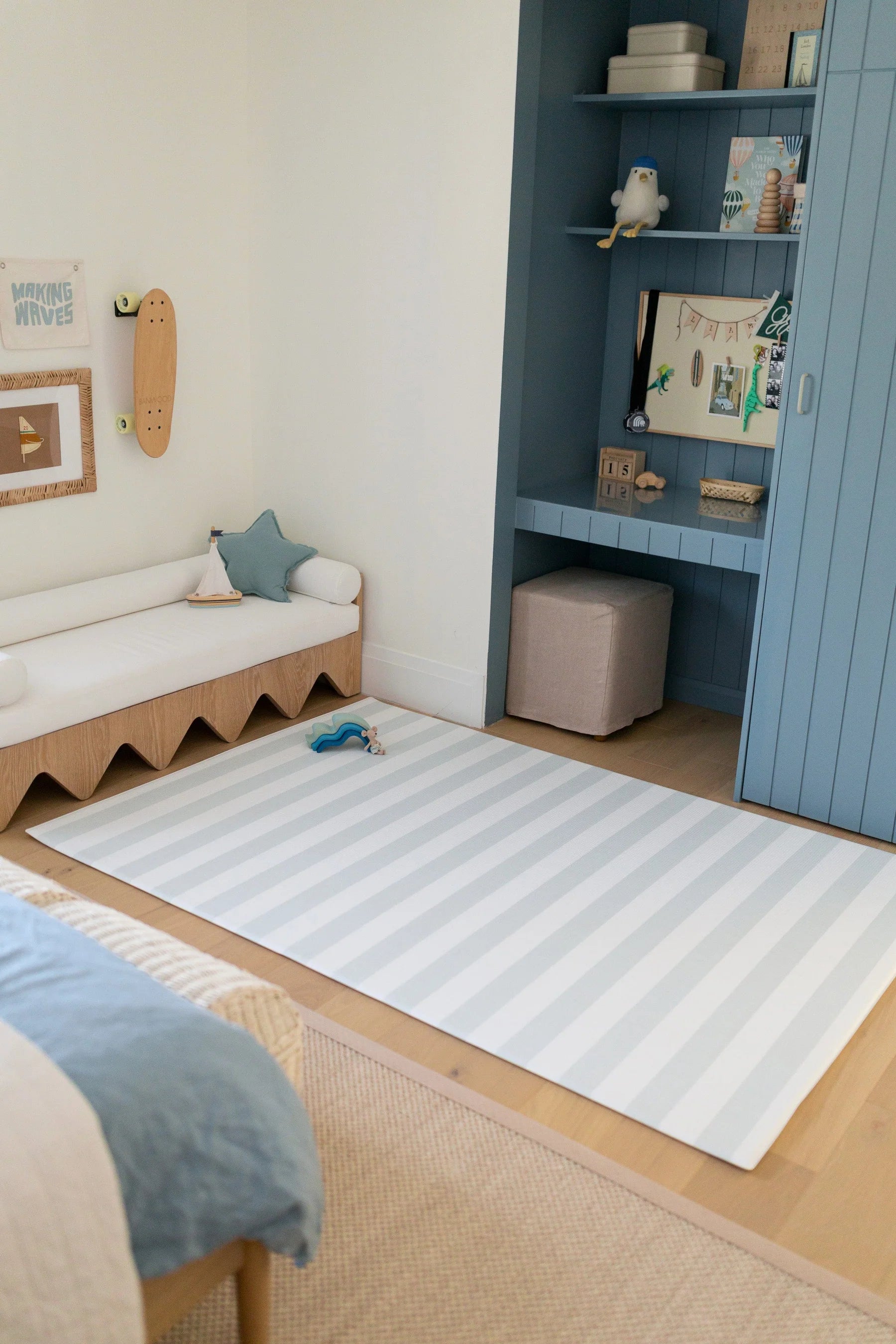 Padded Play Mat | Blue Checker &amp; Sage Stripe