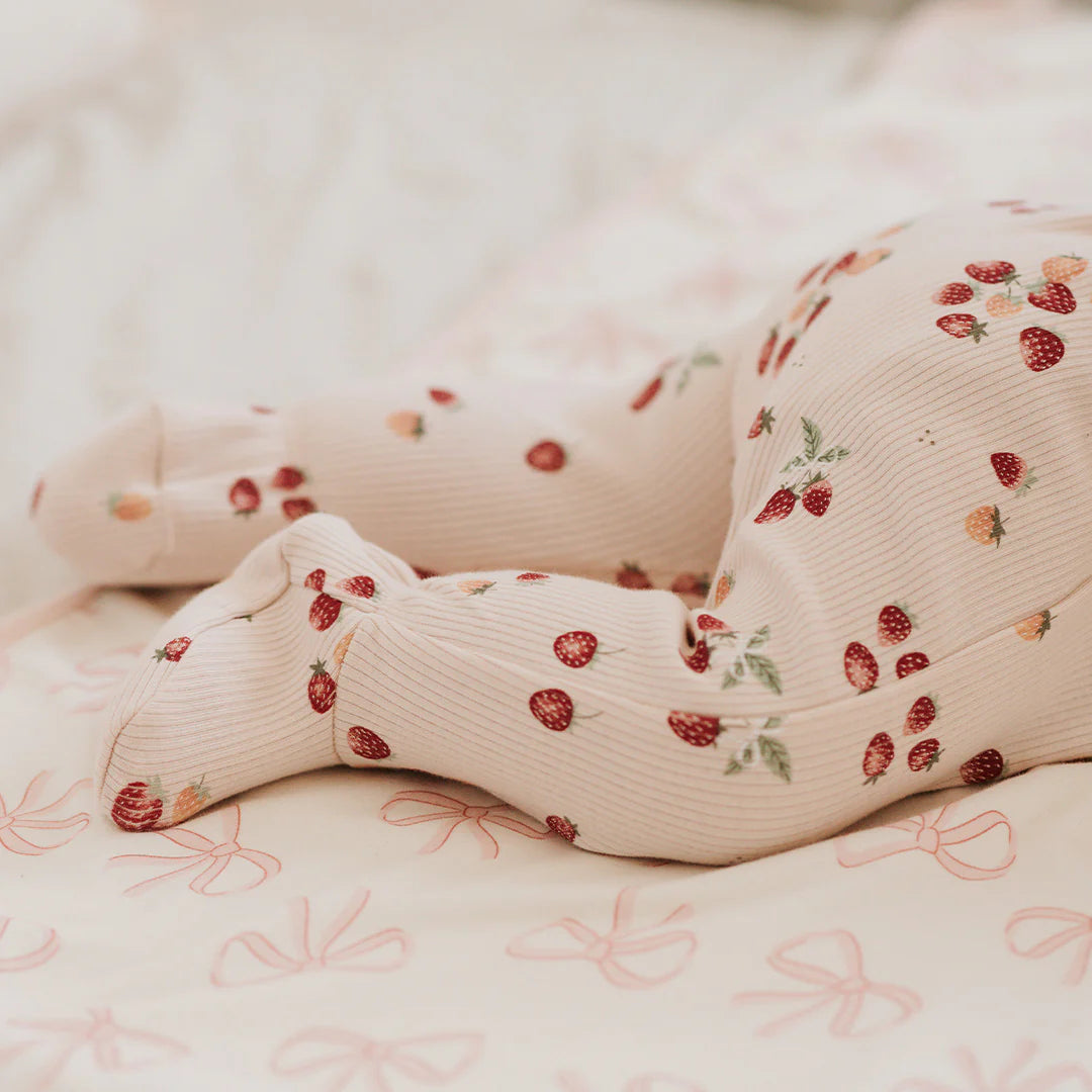 Strawberry Print on Soft Pink Ribbed Sleeper