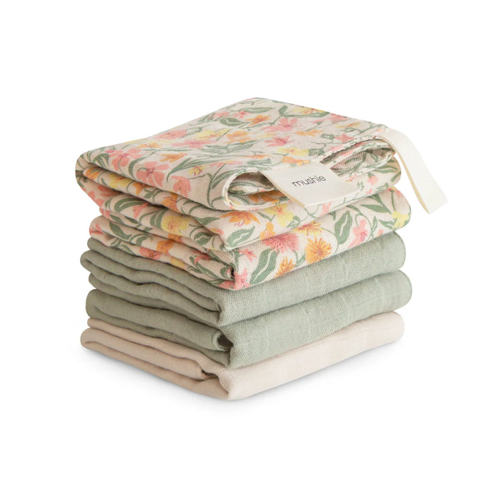 Mushie Muslin Cotton Washcloth | Pastel Blooms Combo