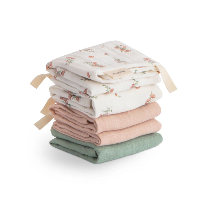 Mushie Muslin Cotton Washcloth | Pink Flowers Combo
