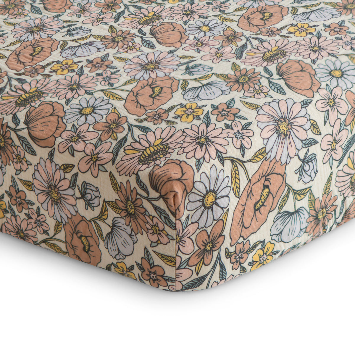 Mushie Extra Soft Muslin Crib Sheet | Retro Flowers