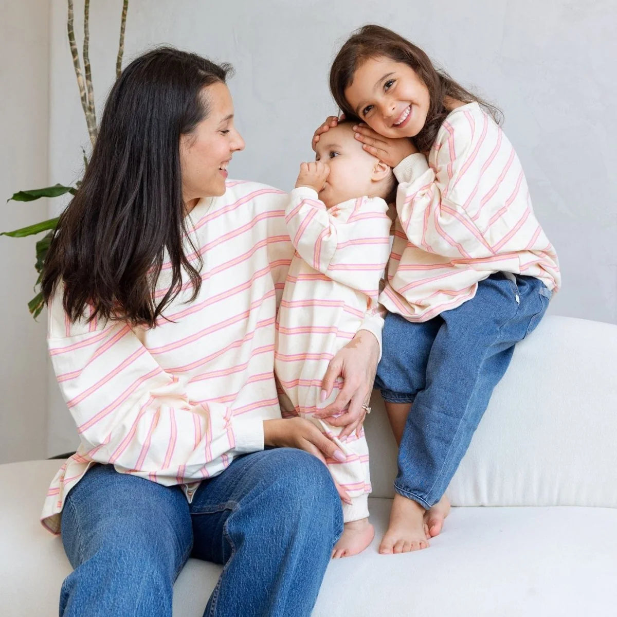 Mom Matching Striped Long Sleeve Crewneck | Ballet Pink &amp; Yellow