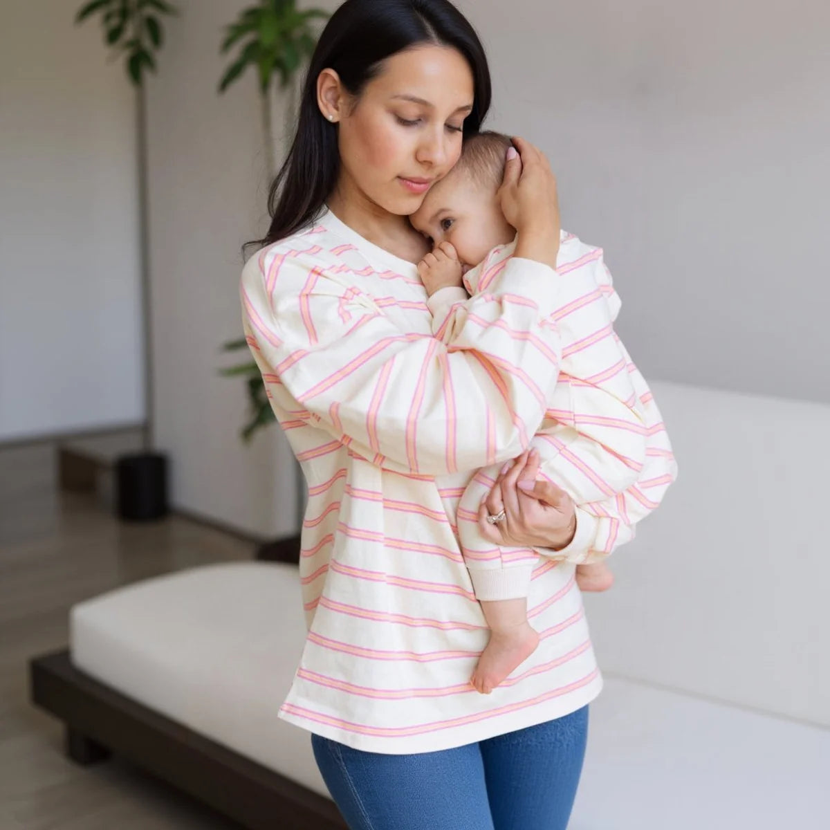 Mom Matching Striped Long Sleeve Crewneck | Ballet Pink &amp; Yellow