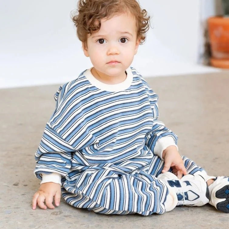 Roobear Striped Long Sleeve Romper | Blue & Cream