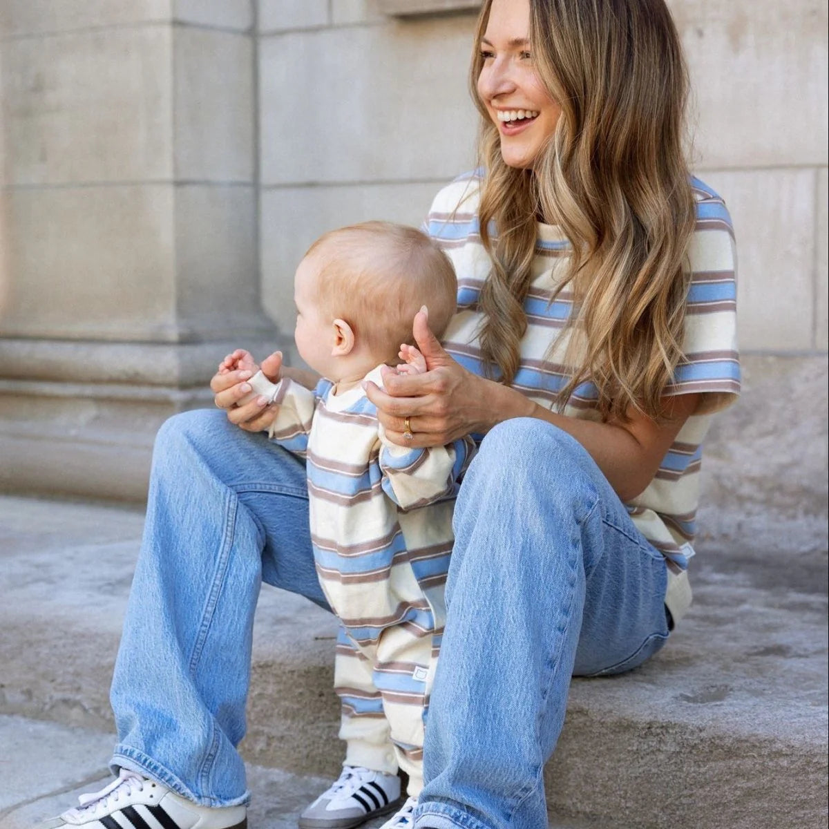 Striped Long Sleeve Romper | Blue &amp; Brown