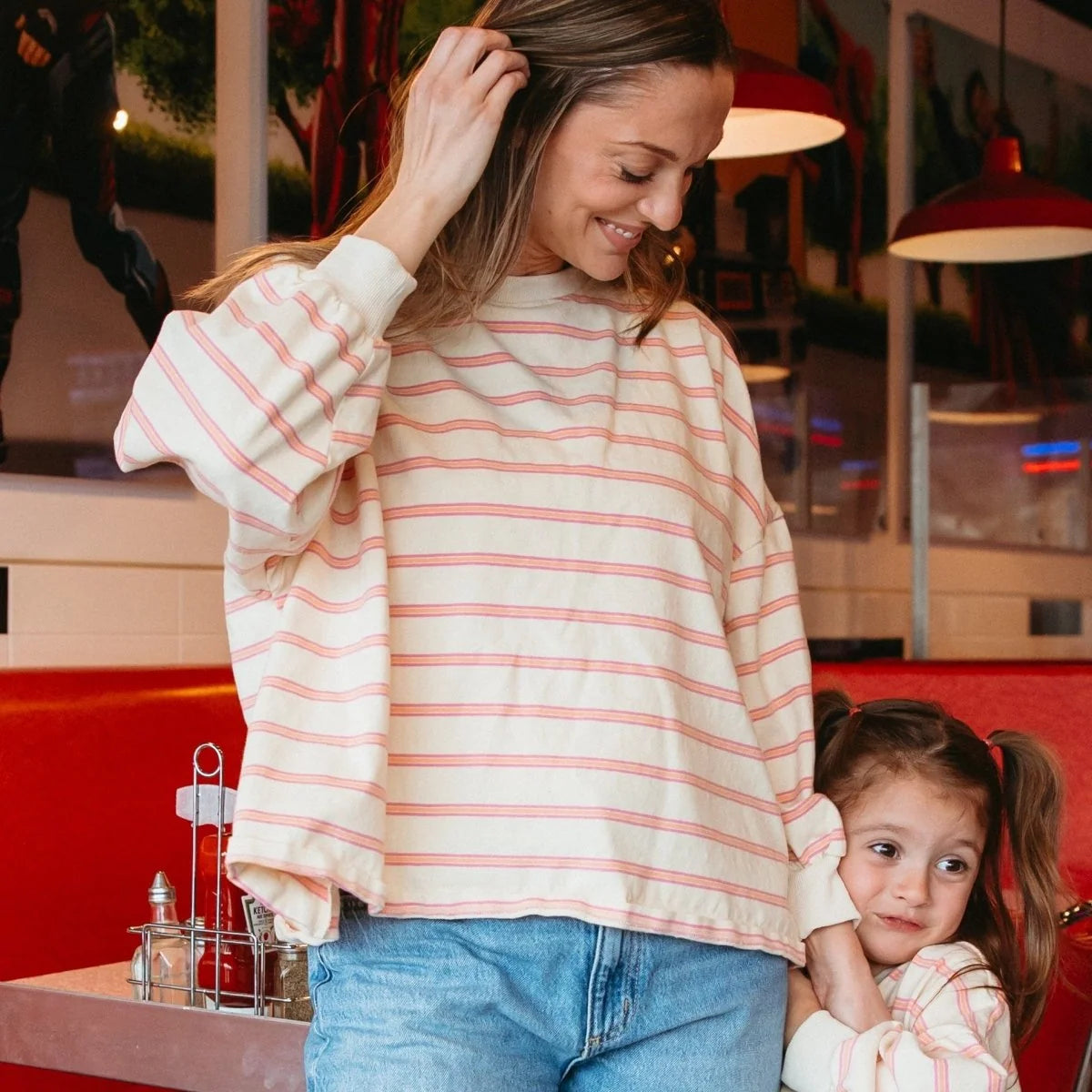 Mom Matching Striped Long Sleeve Crewneck | Ballet Pink &amp; Yellow